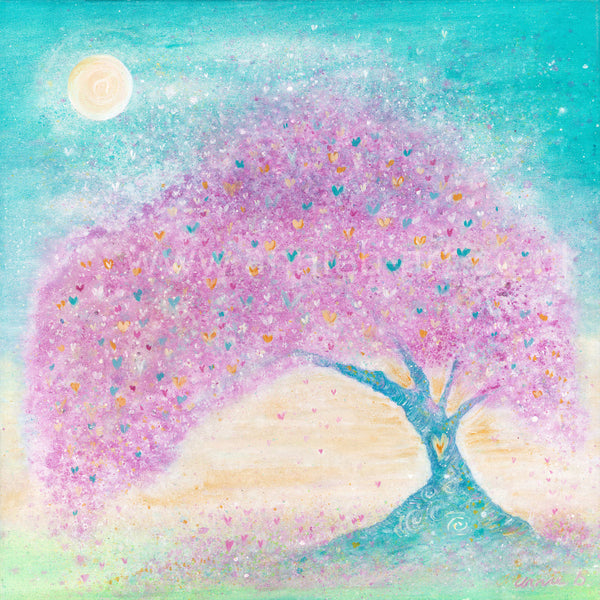 Pale pink blossom and hearts adorn this magical tree against a turquoise sky and full moon., Spring is a magical time of year and the first blossoms give us so much hope and joy as they burst into flower so early in the year 