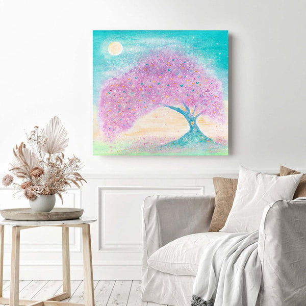 Pale pink blossom and hearts adorn this magical tree against a turquoise sky and full moon., Spring is a magical time of year and the first blossoms give us so much hope and joy as they burst into flower so early in the year   A mixed medium painting on deep edge boxed canvas with a hint of sparkle and gold, ready for your walls to uplift any space by annie b.