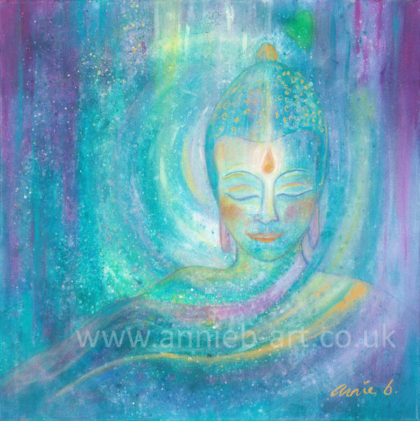 This serene painting by Cornish artist annie b. depicts a peaceful buddha sending out light, love and blessings of hope to the world.  A mixed medium painting on deep edge boxed canvas with a hint of sparkle and gold, ready for your walls to uplift any space in your home, workspace, yoga studio or meditation room