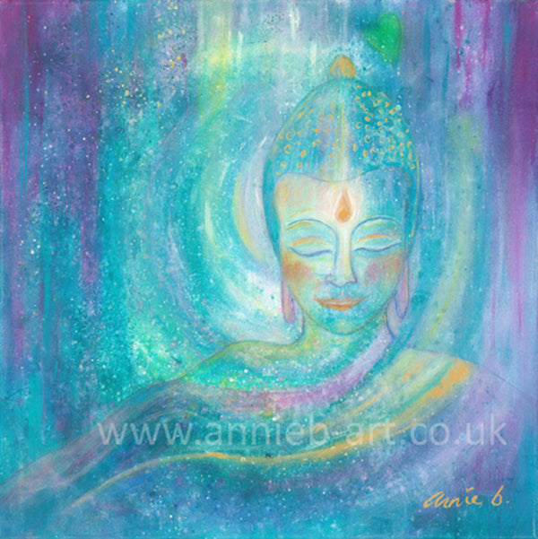 This serene painting by Cornish artist annie b. depicts a peaceful buddha sending out light, love and blessings of hope to the world. The perfect image to create tranquillity and joy in your home, workspace, yoga or therapy room.  Square format fine art print available with two options to choose from: