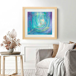 This serene painting by Cornish artist annie b. depicts a peaceful buddha sending out light, love and blessings of hope to the world. The perfect image to create tranquillity and joy in your home, workspace, yoga or therapy room.  Square format fine art print available with two options to choose from: