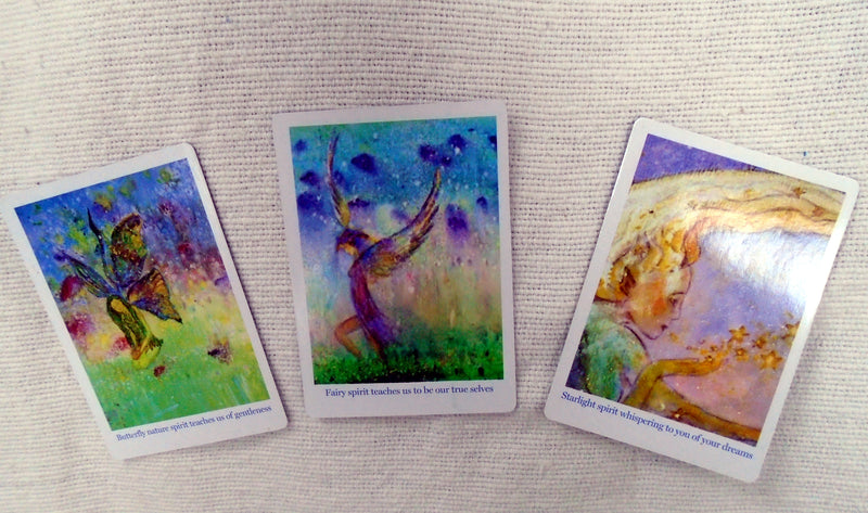 A deck of 34 Nature Spirit Oracle cards channelled by annie b. to help you connect with the magical Nature Spirits for inspiration on life's journey, for they teach us natures' way bringing peacefulness, joy and harmony into our lives. Card size 87mm x 62mm. Wholesale prices available on enquiry. These cards have been featured in Soul & Spirit Magazine.