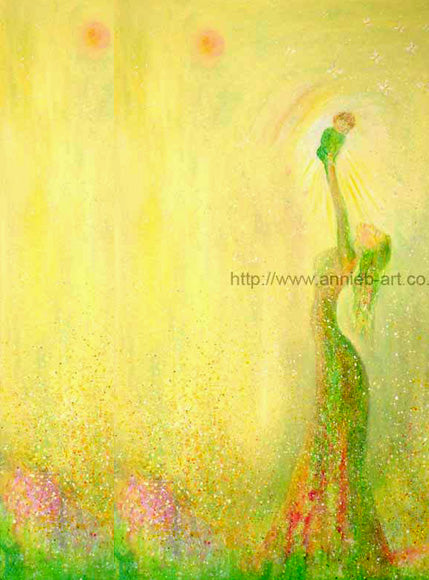 A fine art giclee print in greens and yellow and pink flowers evolves into a mother rejoicing with love as she connects with her beautiful new baby.- a celebration of new life.  A connection with the beauty of the earth and all her abundance. The perfect print for a babies nursery, a bedroom or family home.