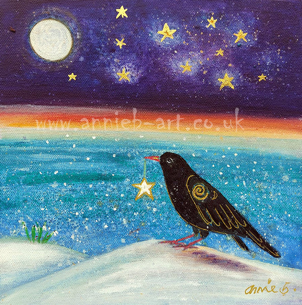 The magical black Chough with his red beak and legs sits on a Cornish cliff under a full moon and starry sky as the snow gently falls over the ocean with a star plucked from the magic above.    Mixed media on deep edge boxed canvas with a hint of gold and sparkle   Size 25cm x 25cm  by artist illustrator annie b.