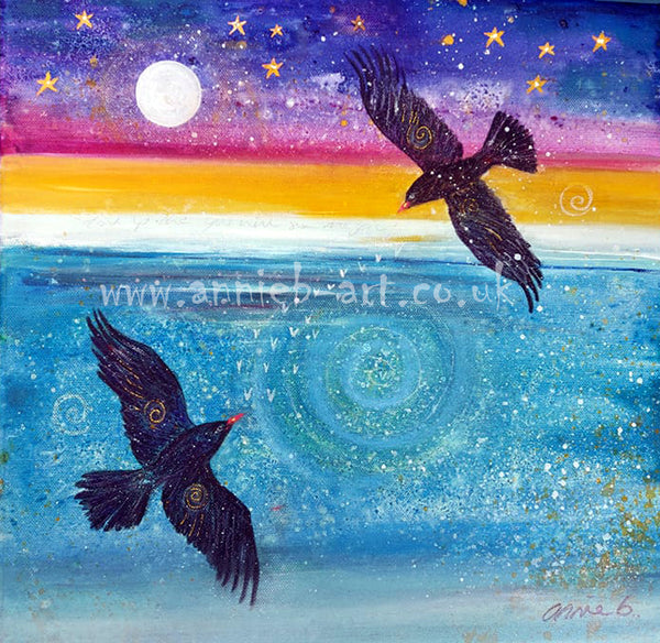 Two rare Cornish choughs with their red beaks flying over the turquoise ocean below a magical full moon and starry sky   Original painting in mixed medium on deep edge box canvas with a hint of sparkle ready for your walls  Canvas size - 40cm x 40cm