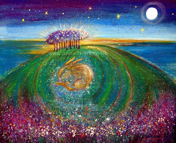  A top quality print of the the painting of the magical trees you can see on the road home to Cornwall .  Hare sleeps deep within the hill of flowers under  a new moon and starry sky.  Portrait fine art print available with two options to choose from: