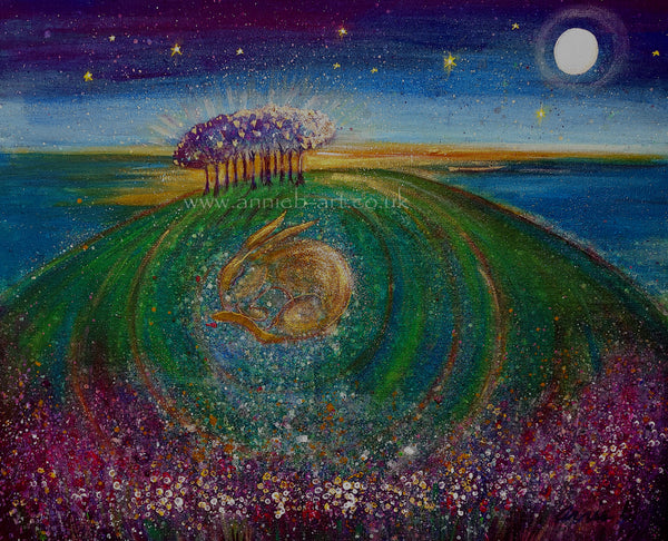 An original mixed medium painting of the magical trees you can see on the road home to Cornwall with a bit of extra magic and sparkle.  Hare sleeps deep within the hill of flowers under  a new moon and starry sky.
