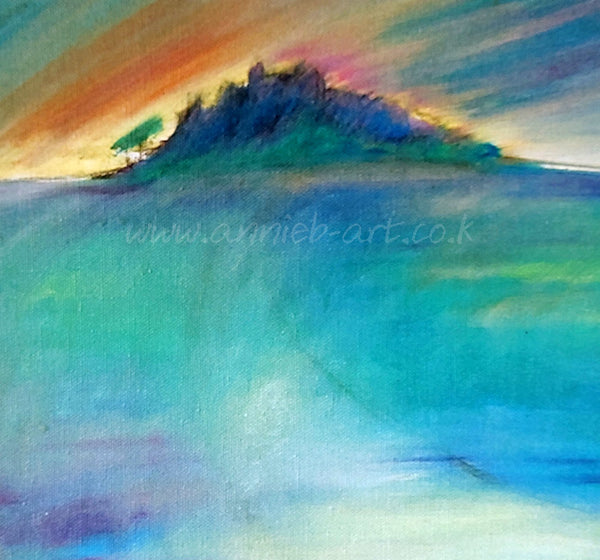 Fine art square giclee print. This painting was inspired by the mystical St. Michaels mount in west Cornwall, a place where many leylines meet, and of wonderful energy.  Archangel Michael's presence is often felt here amongst the tropical gardens and old chapel.  The walkway is covered by the sea on high tide and often a figure is seen walking it's path.