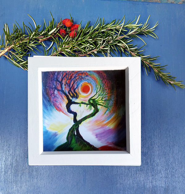  mini print of my best selling 'Dancing tree spirits', hand finished ;with a touch of gold and sparkle in a white deep wooden frame ready for your walls. the perfect gift. ancient stone circle, dancing trees, magical trees, Pagan, ceremony, tree ogham art Annie b. art