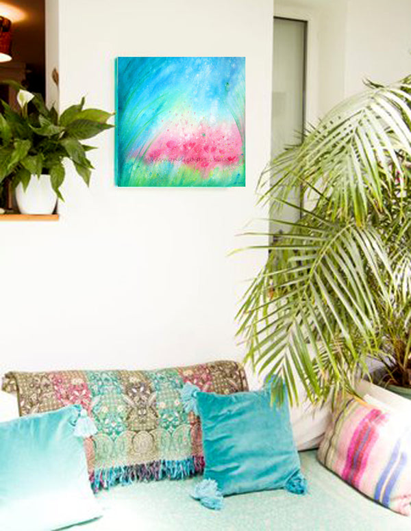 'dreamy poppies' original artwork on deep edge canvas.  Poppy art.  Dreamy poppies float lovingly in to the azure blue sky....  A soft dreamy image in pinks blues and greens in a Monet painting style to bring peace and tranquillity to any space  Painting size 60cm x 60cm  an original painting by annie b. mixed media on deep boxed canvas with a hint of sparkle ideal to add some calm to your home, office or spa