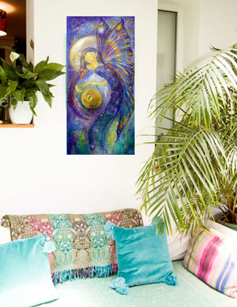 The Fairy of the moon and stars connects us to all the stars and the moon energy... the feminine and her divine wisdom as she holds the full moon and the stars with her gentle energy and butterfly angel wings.    Original painting in mixed media on deep box canvas in blues, purples and turquoises with a hint of sparkle and gold ready for your walls to lift and enhance any home, workspace or meditation centre.  Fae, fairy, elemental, nature spirit art original.  Size approximately 60cm high x 37cm wide