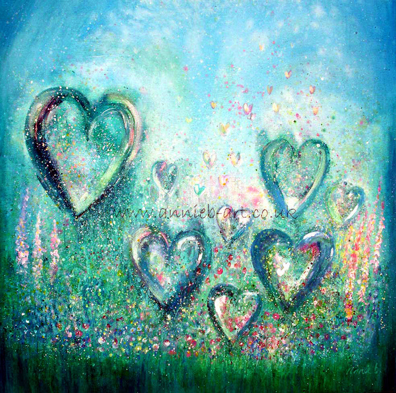 This tranquil painting of  turquoise and pink hearts floating up to the heavens, growing the love from the magical wildflowers of mother earth.  It celebrates everything love and reminds us  that love is always there in each and every moment all around us.  Emerge yourself in nature and feel the love.  Square format fine art print available with two options to choose from: