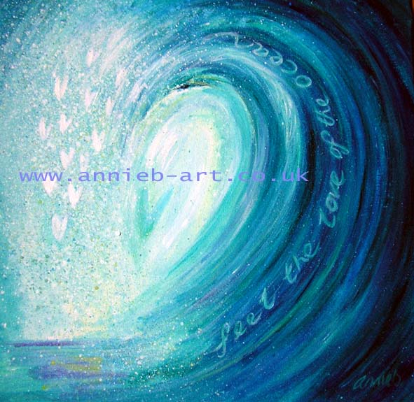 As the blue turquoise wave curls over to break into the shore, white hearts flow down, drawing us in to the power of the amazing ocean so we may truly feel her love and power.  Inspired by the breaking waves off the Cornish north coast.  Square format fine art print available with two options to choose from and printed in Cornwall.
