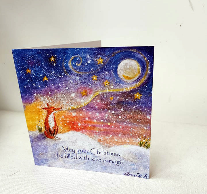 A mixed pack of 9 0f annie b.'s delightful Christmas cards.  x 3 'Magical fox', x 3 'Hare and his good friend Robin' ,x3  'Cornish Chough under a starry sky'  Each card is blank inside for your personal message.  All my cards are 100% recycled and printed locally in Cornwall.  Card size  approximately 15cm x 15cm with brown envelope.