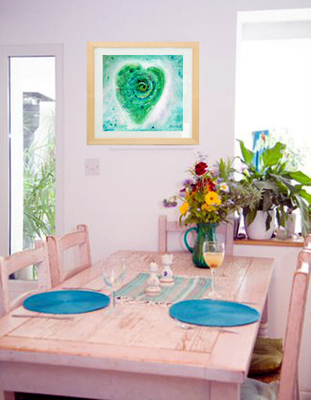 A gentle painting of a  green heart in water colours beams out love, healing and calmness.  Part of the Love series collection.  Square format fine art print available with two options to choose from: