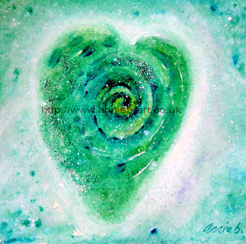 A gentle painting of a  green heart in water colours beams out love, healing and calmness.  Part of the Love series collection.  Square format fine art print available with two options to choose from: