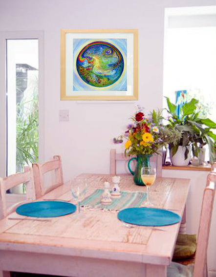 This painting of Mother Earth- Gaia was my response to the first lockdown - where as I walked in nature I saw mother earth flourishing in harmony surrounded by a rainbow of love.  The animals, plants, oceans and skies are all connected by her loving golden light and the green heart angel.  This is a painting of hope, for nature knows not fear.  Square format fine art print available with two options to choose from:   