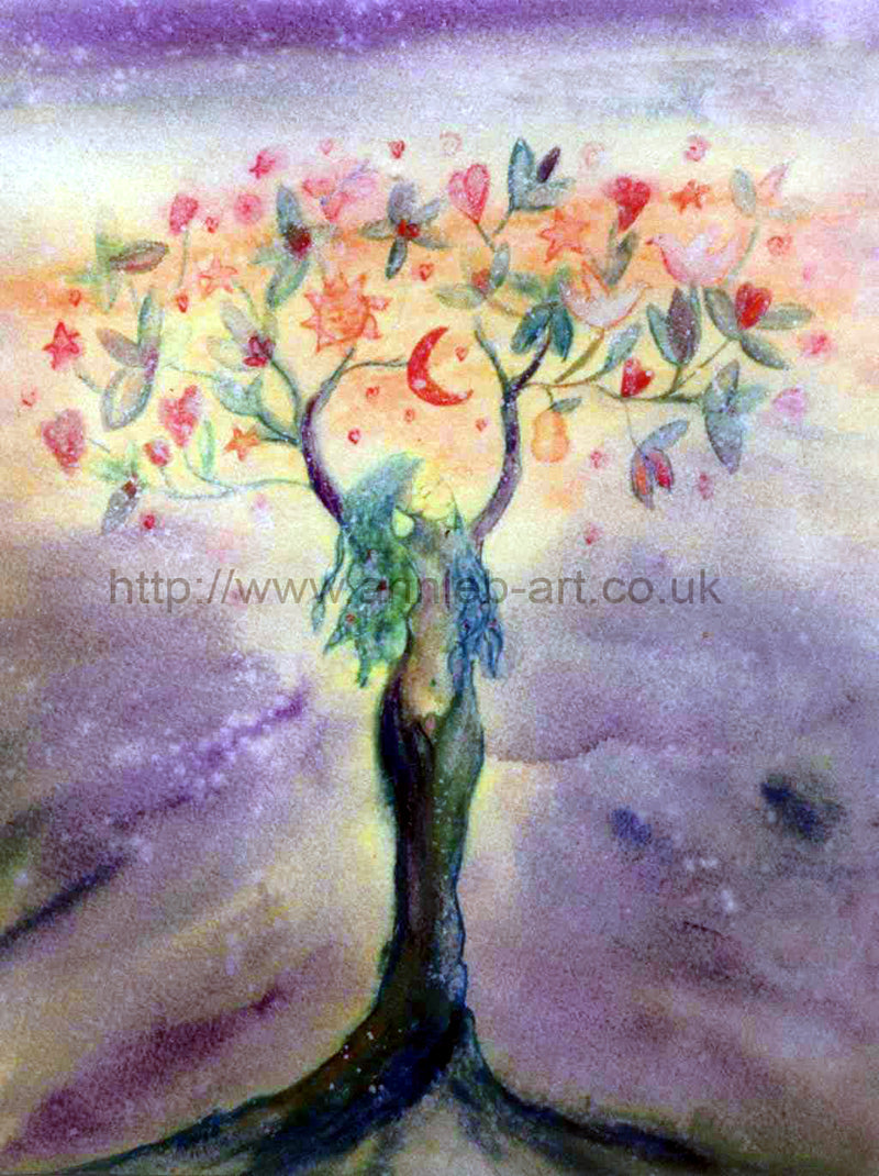 The Goddess of Abundance tree of life lifts her arms to all the abundance of the world - the stars moon birds and love of the world.  An uplifting inspirational painting full of love by Cornish artist annie b.  reminding us to be open to the unlimited abundance of the universe.  Portrait fine art print available with two options to choose from: