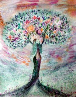 The Goddess of Plenty tree of life lifts her arms to all the abundance of the world - the stars moon birds and love of the world.  An uplifting inspirational painting full of love by Cornish artist annie b.  reminding us to be open to the unlimited abundance of the universe.  Portrait fine art print available with two options to choose from: