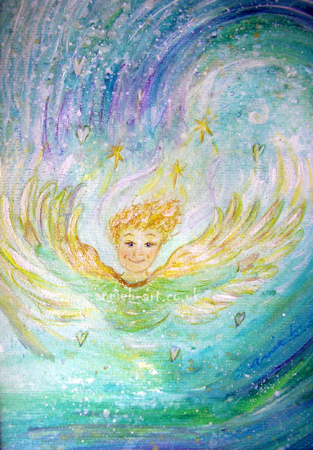 annie b. can channel and paint your children's guardian angel as a gift to remind us our angels are always by our side throughout our life journey to guide and heal us. I believe we all have a special guardian angel by our side throughout our life and this painting will help you connect with them every day. Large painting on handmade paper - 51cm x42cm, with a 3"/ 6 cm card mount ready for you to frame