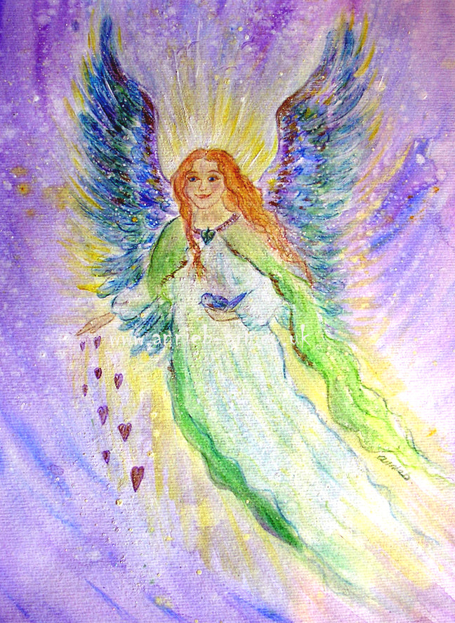 annie b. can channel and paint your Guardian Angel,  or your friends or families' angels. as a gift to remind us our angels are always by our side throughout our life journey to guide and heal us.  I believe we all have a special guardian angel by our side throughout our life and this painting will help you connect with them every day.  Large painting on handmade paper - 51cm x42cm, with a 3"/ 6 cm card mount  ready for you to frame