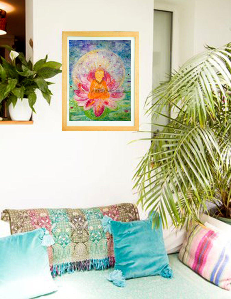 Buddha sits smiling in a pink lotus flower under a full moon in the lily pond.  A water colour style painting of bright colours to fill our home, office or yoga studio with joy and remind us there is no way to happiness, happiness is the way.  Portrait fine art print available with two options to choose from printed in Cornwall: