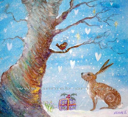 A mixed pack of 9 0f annie b.'s delightful Christmas cards.  x 3 'Magical fox', x 3 'Hare and his good friend Robin' ,x3  'Cornish Chough under a starry sky'  Each card is blank inside for your personal message.  All my cards are 100% recycled and printed locally in Cornwall.  Card size  approximately 15cm x 15cm with brown envelope.