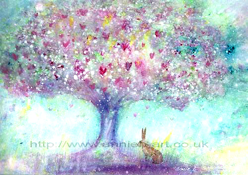 A brown hare sits under a magical tree full of blossoms full of hearts and butterflies. Watercolour style painting in gentle pinks, purples and turquoise.  Hare art.  Square format fine art print available with two options to choose from printed in Cornwall: