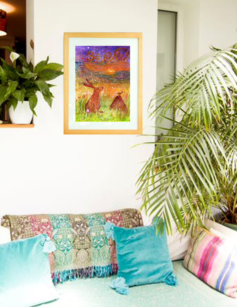 This image taken from my children's book- 'The hare and the song bird' a story book full of joy and wonder to uplift and inspire wellbeing within.  Hare and little bird sit in meditation still like the mountain in nature. watching the sunset.   Portrait fine art print available with two options to choose from: