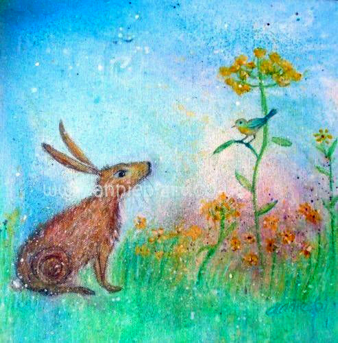 A brown hare sits in a beautiful wild flower meadow talking to a blue song bird.  Inspirational art perfect for any space especially children's bedrooms or nursery.  Square format fine art print available with two options to choose from printed in Cornwall: