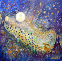 This painting is of a hare sitting beneath a magical tree full of love and stars, enchanted by the beautiful full moon.  Purples, yellows, gold and a hint of sparkle by Cornish visionary artist annie b.  Square format fine art print available with two options to choose from: