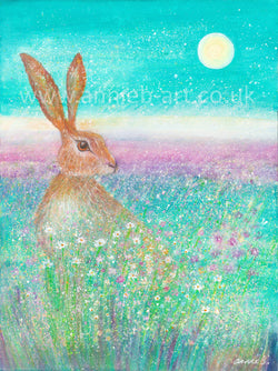 Hare art. Spring flowers. full moon art. annie b. art from the heart