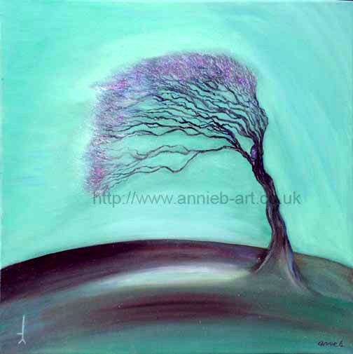 This painting is of a wild enchanted hawthorn tree in winter bending in the strong Cornish winds. Hawthorn tree -  Healing, trust, spiritual growth, union, protection.  Hawthorne is a tree considered to be wild, yet enchanted, and under the protection of the Faerie realms and the old magic, and as such should be greatly respected.  It can help us to release blocked energy and open our hearts, trust and let go of fear, and align ourselves to our spiritual development. 