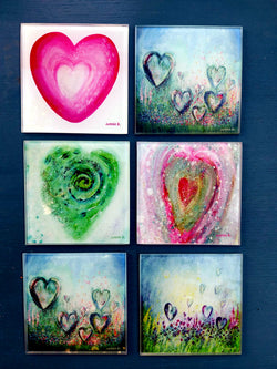 Heart Design Art Glass x 6  Coaster Set