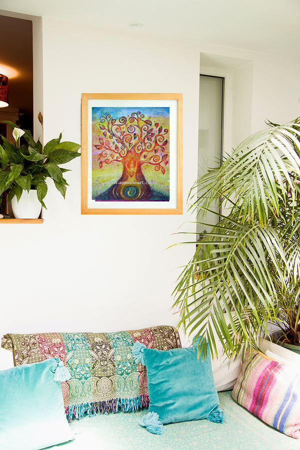 A figure merges into the magic of the tree of life connecting with all - honouring the earth and themselves.   Portrait fine art print available with two options to choose from printed in Cornwall: