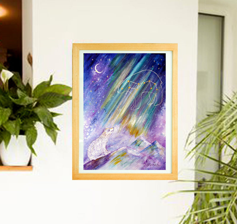 This painting is full of magic and light as the ice bear connects with the Great star bear Ursa major,  in the sky surrounded by the magical northern lights.  The perfect painting to bring joy and magic to  your home especially a child's bedroom  Portrait fine art print available with two options to choose from: