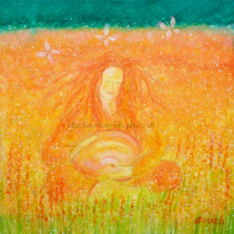 A mother to be sits in nature connecting to her baby within feeling blissful.  Oranges, yellows and a turquoise sky above, with three white butterflies.  Square format fine art print available with two options to choose from printed in Cornwall: