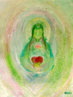Kuan yin the Buddhist goddess of compassion sits surrounded by light in soft greens holding a pink heart sending out the love.  Perfect for creating tranquillity and meditation.  ﻿Portrait fine art print available with two options to choose from printed in Cornwall: