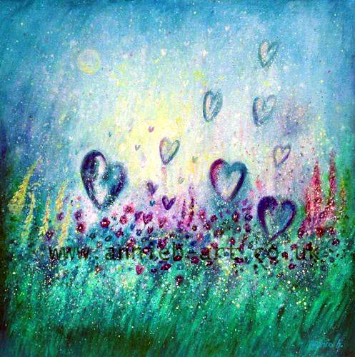 Fox gloves, poppies, and lots of wild flowers reach up to the sunshine in the  azure blue sky above sending out their love as hearts float gently to the sky.. where love grows a painting depicting all the love of mother earth and reminding us to be mindful of the love in every moment.  Square format fine art print available with two options to choose from printed in Cornwall: