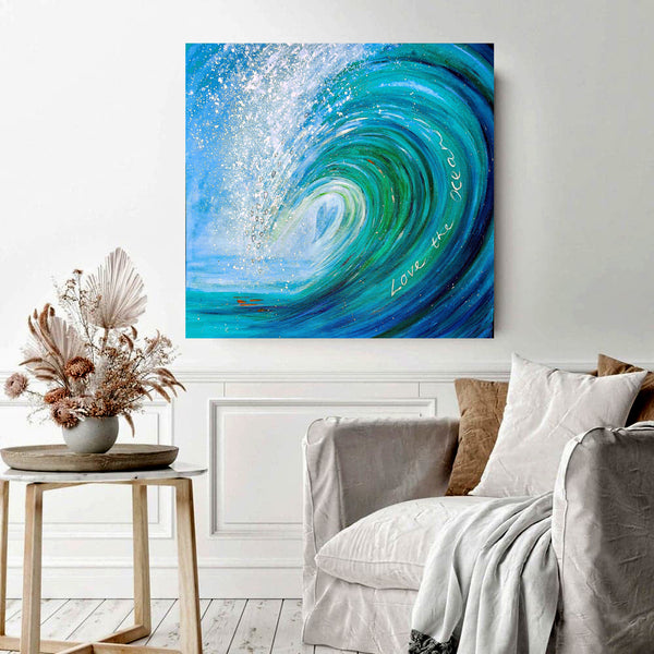 surf art. This magical painting by Cornish artist annie b. captures the wonderful light and magic of the Atlantic ocean waves and the feeling of the joy and love it brings  A mixed medium painting on deep edge boxed canvas  ready for your walls to uplift any space in your home or workspace  Painting size -  -  60cm x 60cm