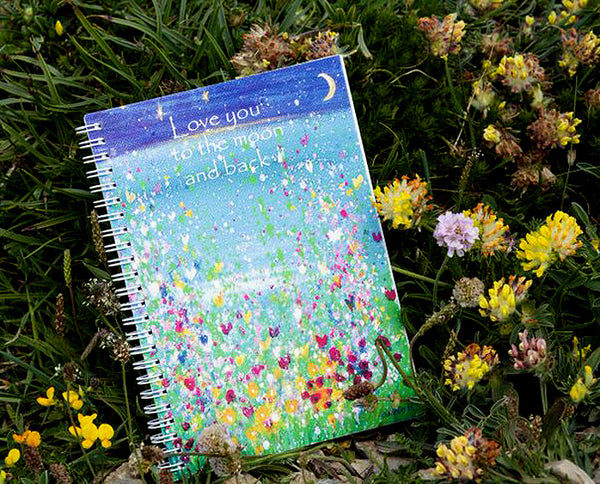 Inspirational notebooks / journals printed locally on 100% recycled paper, ideal for your dreams and wishes, sketches, journaling and more - the perfect gift for your loved ones and yourself..  Love you to the moon and back.  Heavy 160 gms. plain off white paper /card  Size A5 portrait - 14.8cm x 21 cm   / 5.8" x 8.3"  Spiral bound and printed in Cornwall with love