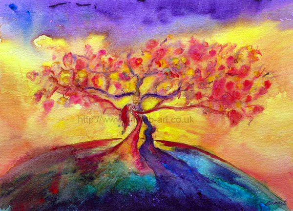 Water colour gentle painting of two dancing trees entwined with branches full of heart leaves under a purple and yellow sky, perfect wedding or anniversary print gift.  Landscape fine art print available with two options to choose from printed in Cornwall: