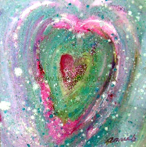 This gentle painting is of a pink heart expands out in gentle pinks whites ad green, the perfect anniversary or wedding gift print.  Love your beautiful heart.  Square format fine art print available with two options to choose from printed in Cornwall: