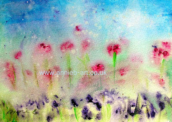 An abstract style water colour painting of red poppies in a wild flower garden with an azure blue sky.  Landscape fine art print available with two options to choose from printed in Cornwall: