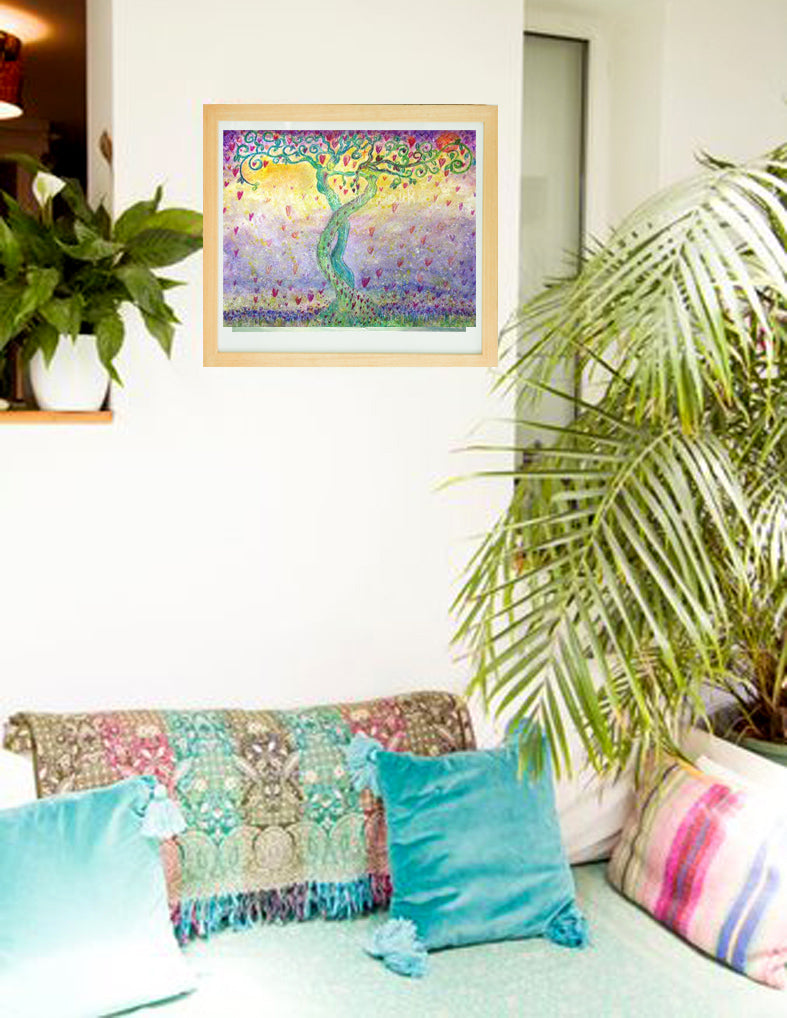'Dance wild and free' an original magical tree painting by annie b. inspired by the beautiful Spring energies and blossoms and the union of male and female energies.  An original painting in mixed media with a hint of sparkle to add the magic on  watercolour paper , mounted and framed in a natural wooden frame ready to put on your wall at home or business.  the perfect wedding gift.  size including frame 40cm x