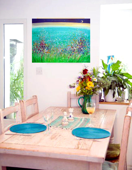 Wild flowers dance with love and joy over the turquoise Cornish ocean under the curved horizon and a inky sky with a new moon. Hearts and butterflies fly above the flowers and poppies. A mixed medium painting on deep edged box canvas ready for your walls to bring the light of love and joy to your home, meditation room or workspace.