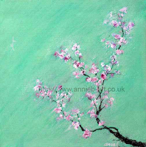 'Mindful inspiration' an original oil painting by annie b. Oil on deep edge box canvas with a hint of sparkle Canvas size 30cm x 30cm  A painting to remind us to connect to each moment without judgement and the cherry blossom to remind us of the impermanence of all things.  Perfect painting for a meditation room, spa or to bring peace and tranquillity to any space.