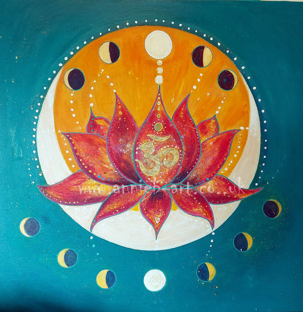 This painting  shows the many moon phases as she travels through her cycle. Within the full moon is the lotus flower and within the lotus flower the sacred Aum. I feel we are all attuned to the moon and her cycles as we are primarily water so feel her pull as she waxes and wanes.  We can work with the moon to help bring clarity and joy to our lives. Sit with this painting in meditation and contemplation.  Meditation art, yoga studio art, art to uplift any space.