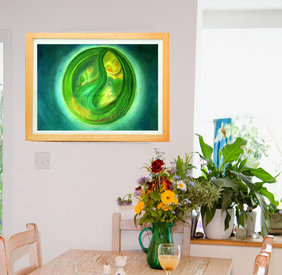 A pastel image of nurturing mother earth - Gaia.  She is shown in soft heart chakra greens and holds all of the world in her loving arms.  Landscape  fine art print available with two options to choose from printed in Cornwall: