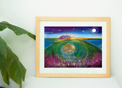  A top quality print of the the painting of the magical trees you can see on the road home to Cornwall .  Hare sleeps deep within the hill of flowers under  a new moon and starry sky.  Portrait fine art print available with two options to choose from: